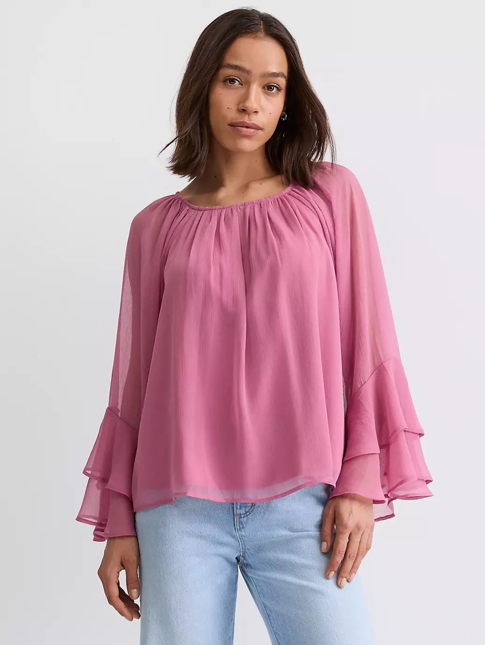 Loft Tiered Ruffle Sleeve Rose Chiffon Blouse